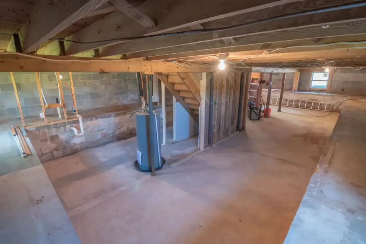Unfinished basement with masonry foundation walls and open joists overhead